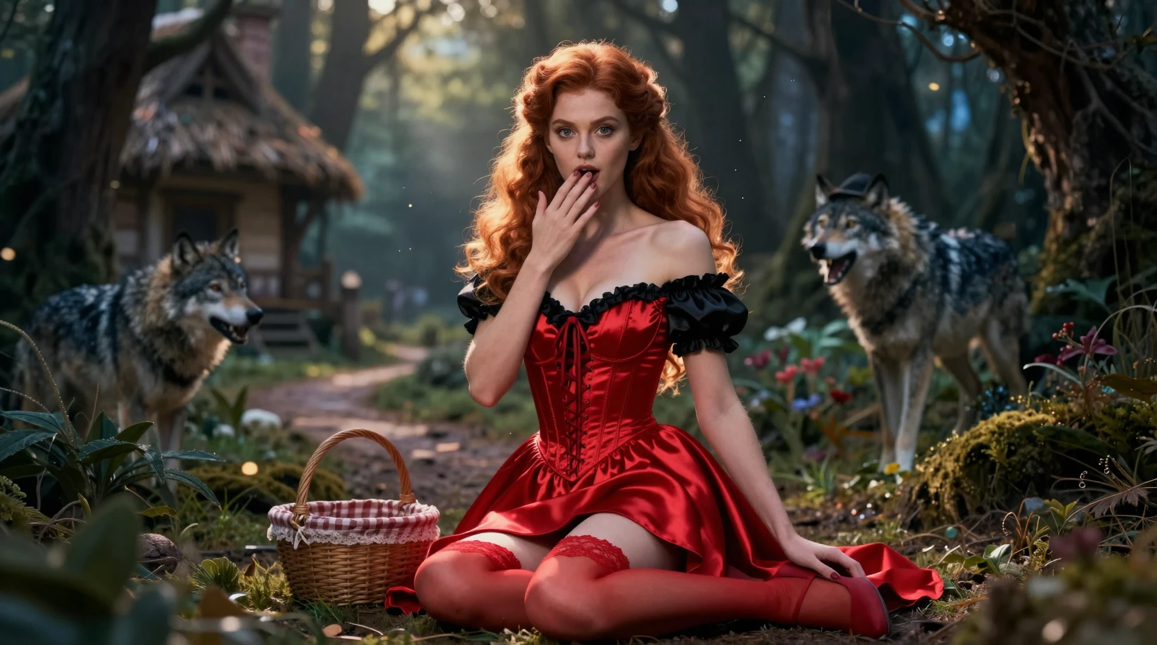 Red cloaked woman in an enchanted twilight forest