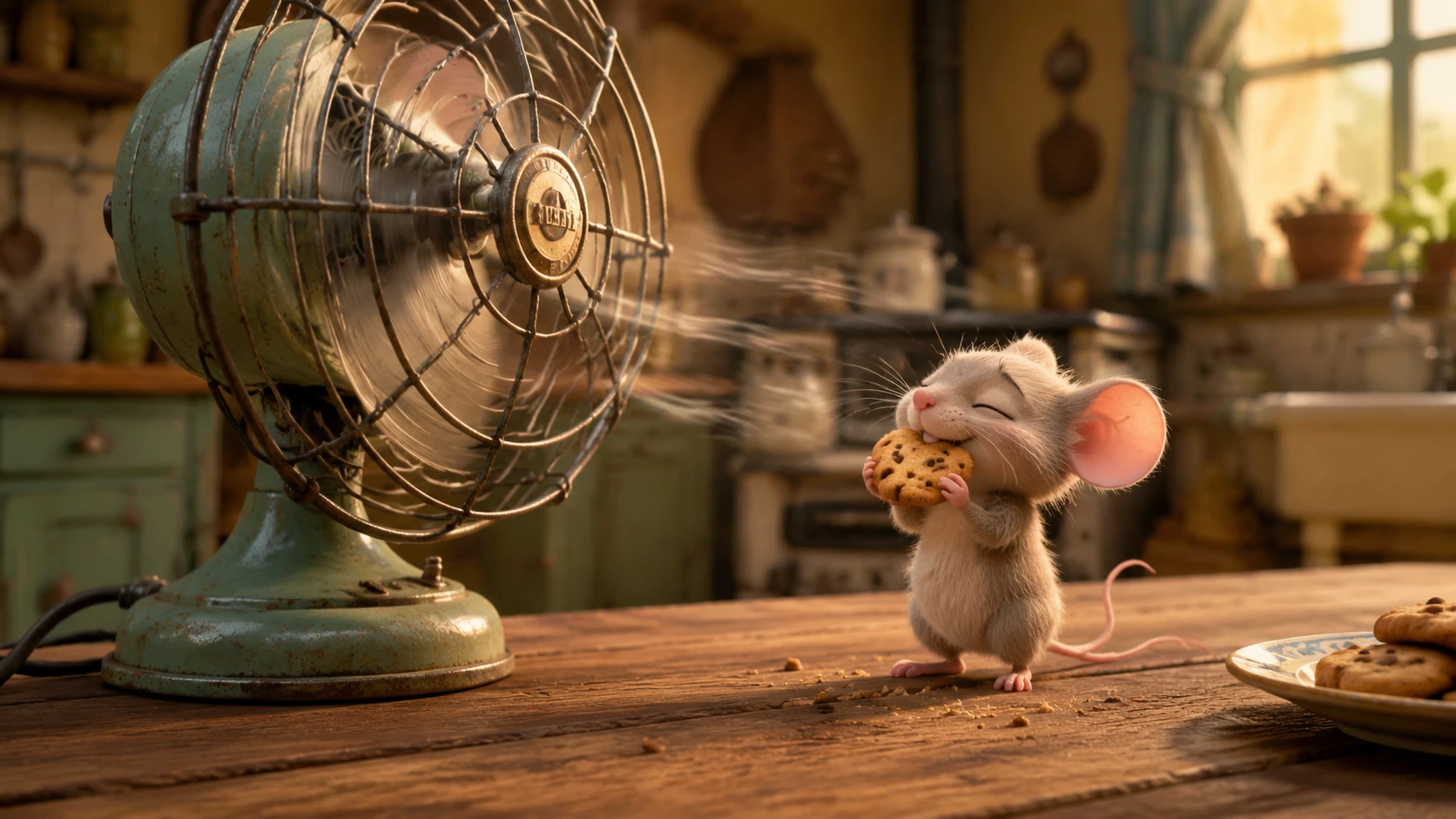 Pequeno rato sorridente comendo um biscoito em uma mesa de cozinha de madeira