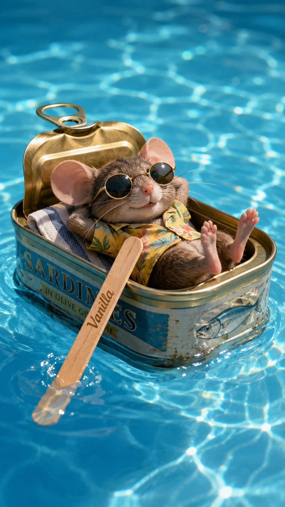Playful mouse sailing a sardine can in a sunny pool