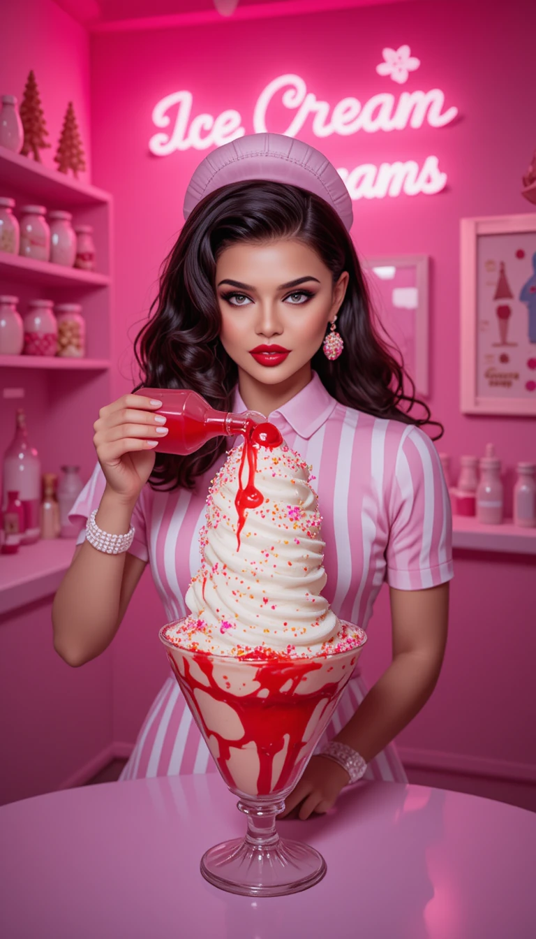 Retro waitress pouring cherry syrup on ice cream sundae