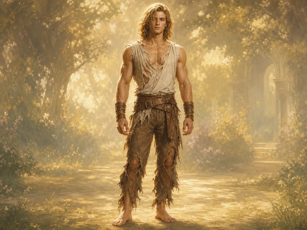 Barefoot blond warrior man in glowing fantasy light