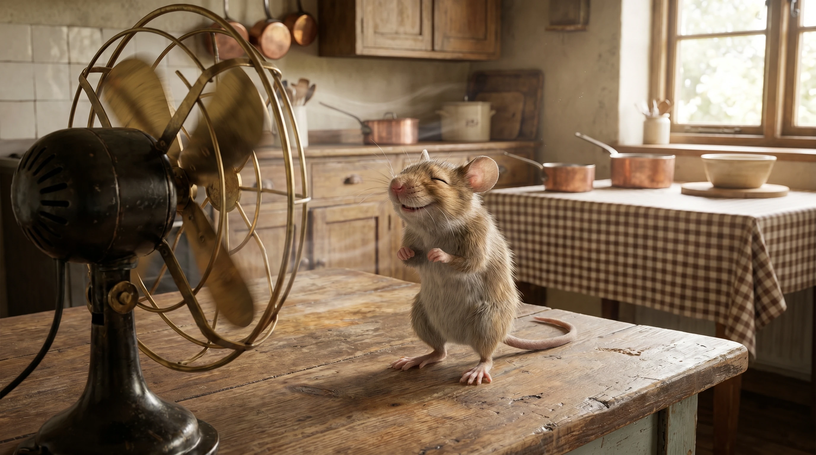 Rato feliz curtindo o ar fresco em uma mesa de cozinha de madeira