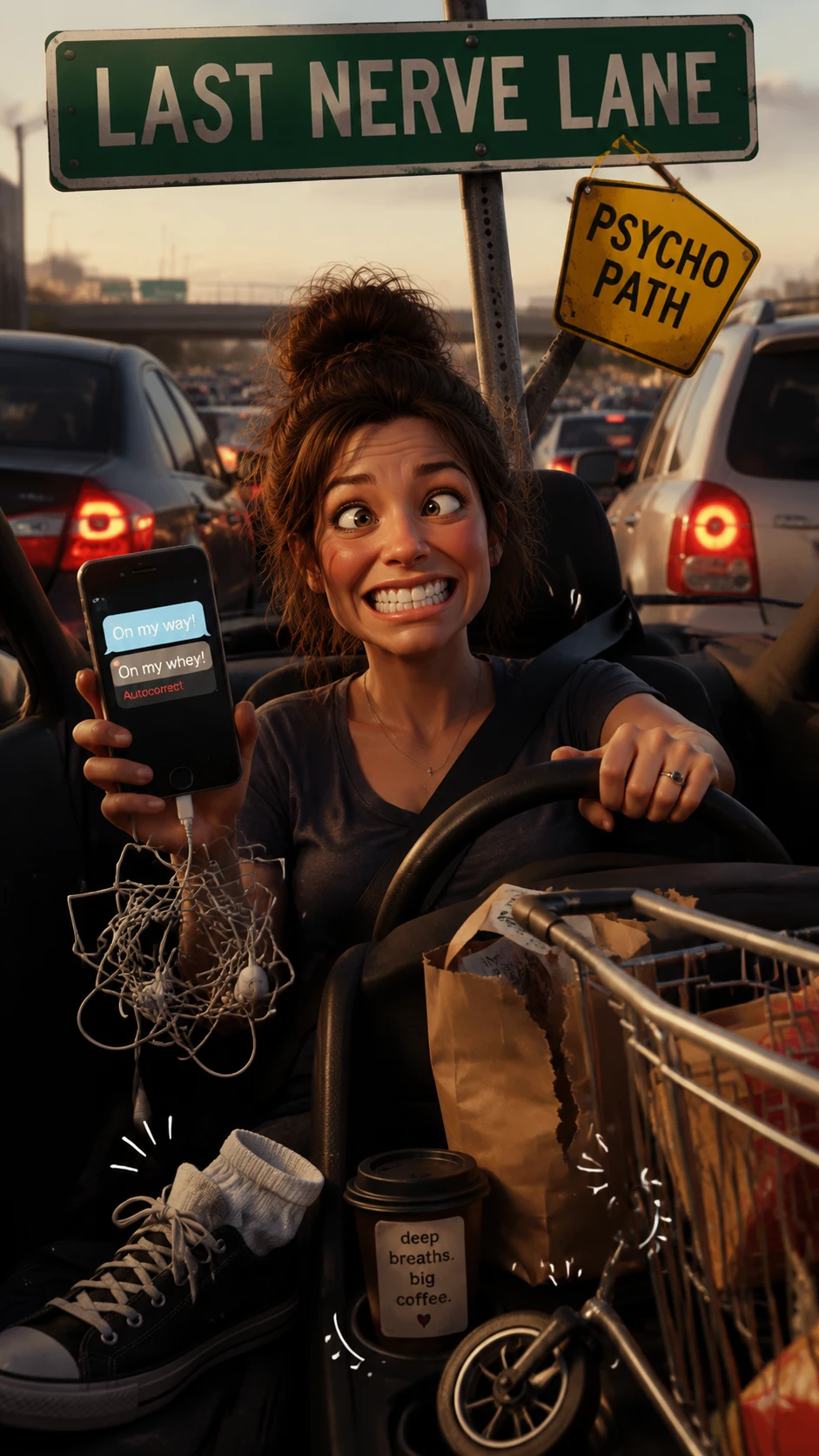 Mulher no engarrafamento sorrindo com discreta frustração