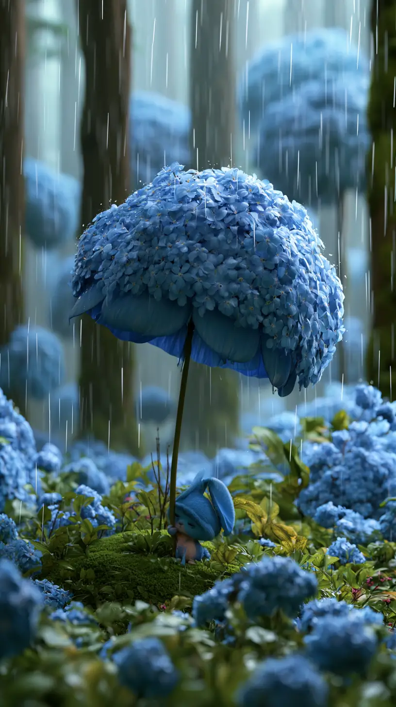 躲在藍色花朵下避雨的小小奇幻生物