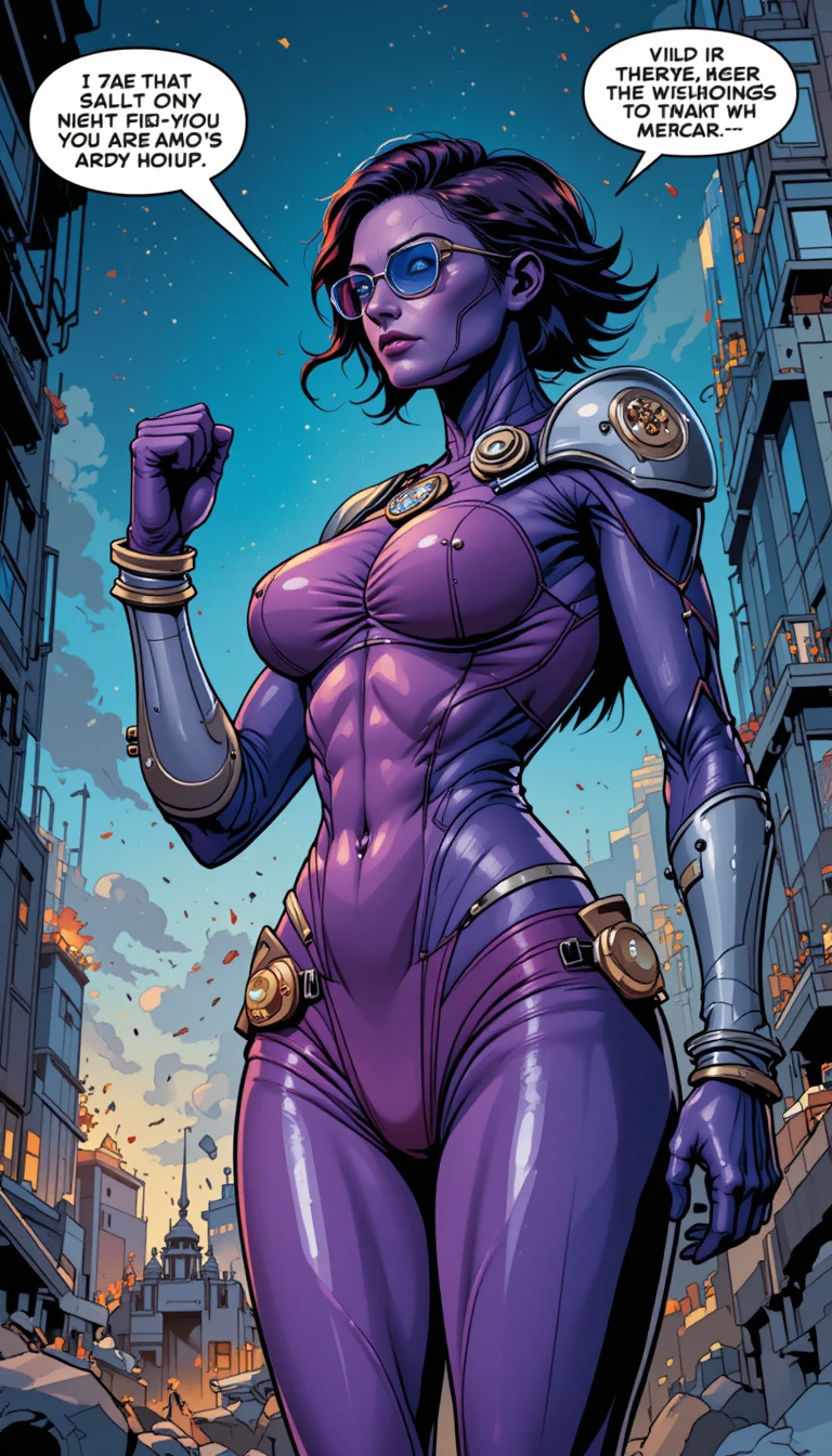 Guerrera alienígena de piel violeta con atuendo futurista