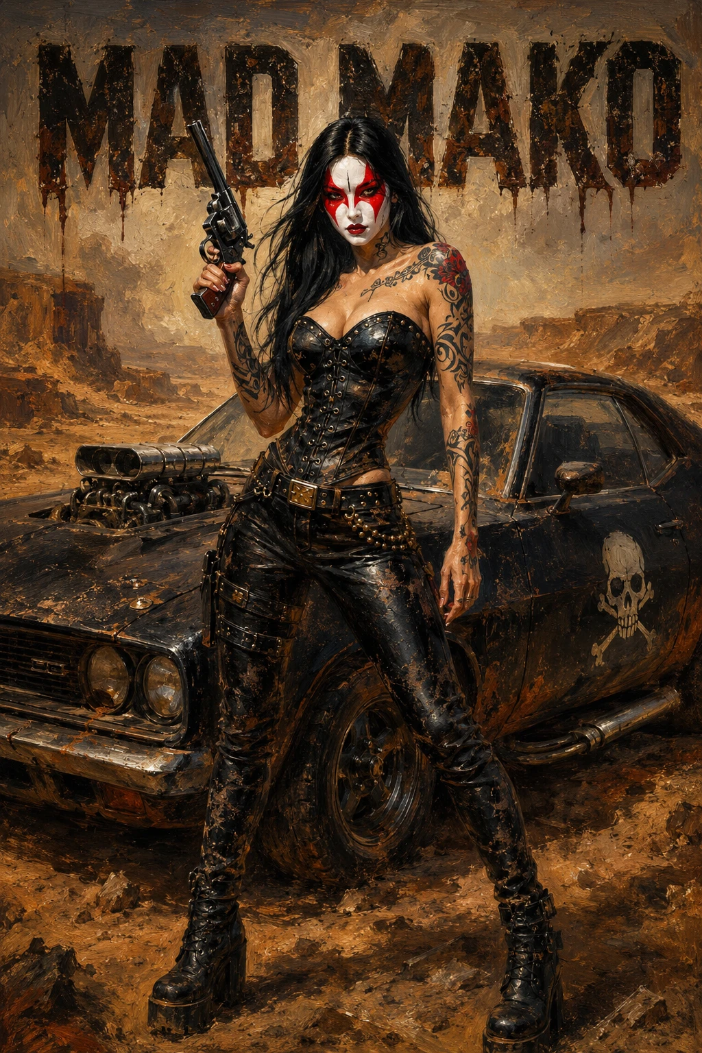 Tattooed desert warrior woman before a ruined black muscle car