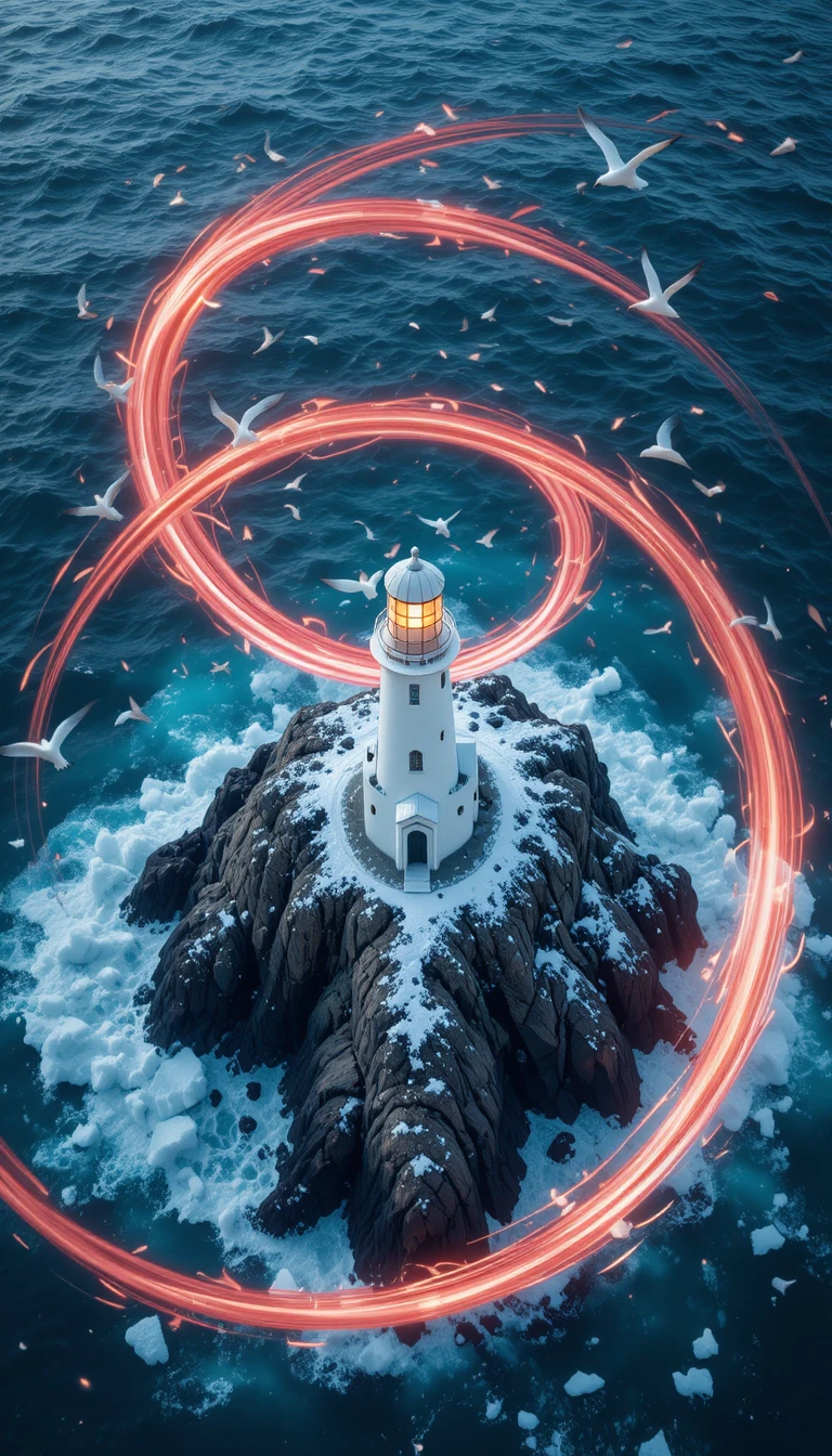 Faro aéreo rodeado de cintas de luz resplandecientes