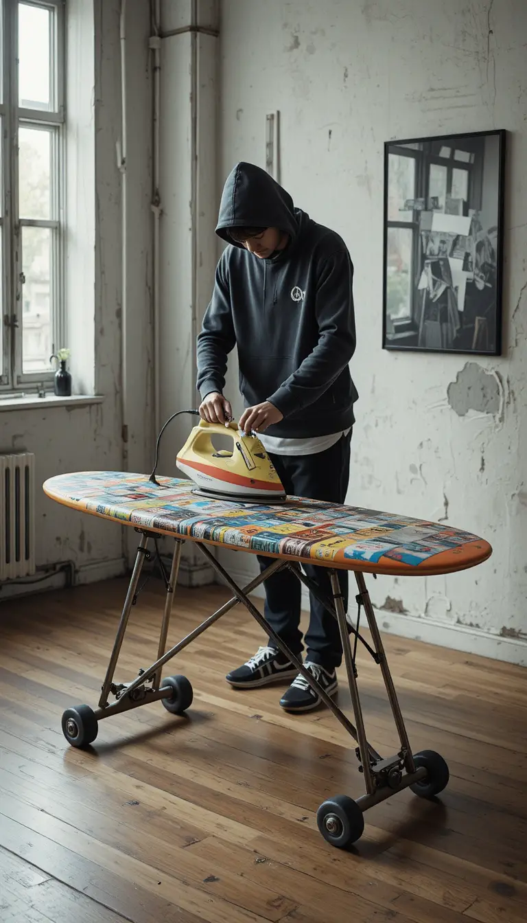 Skateboard ironing board used to press a hoodie in loft