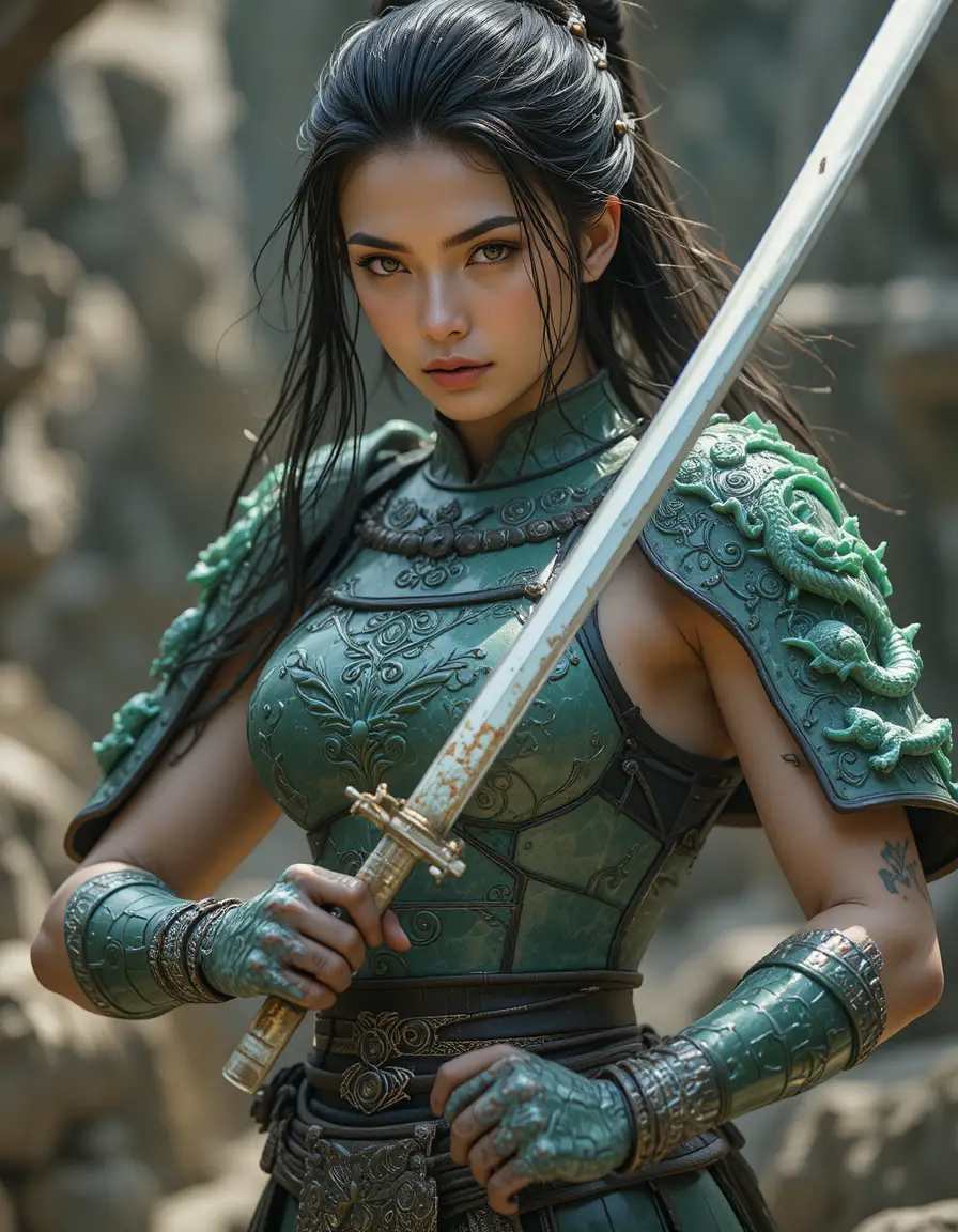 Dark haired female samurai in glowing jade dragon armor