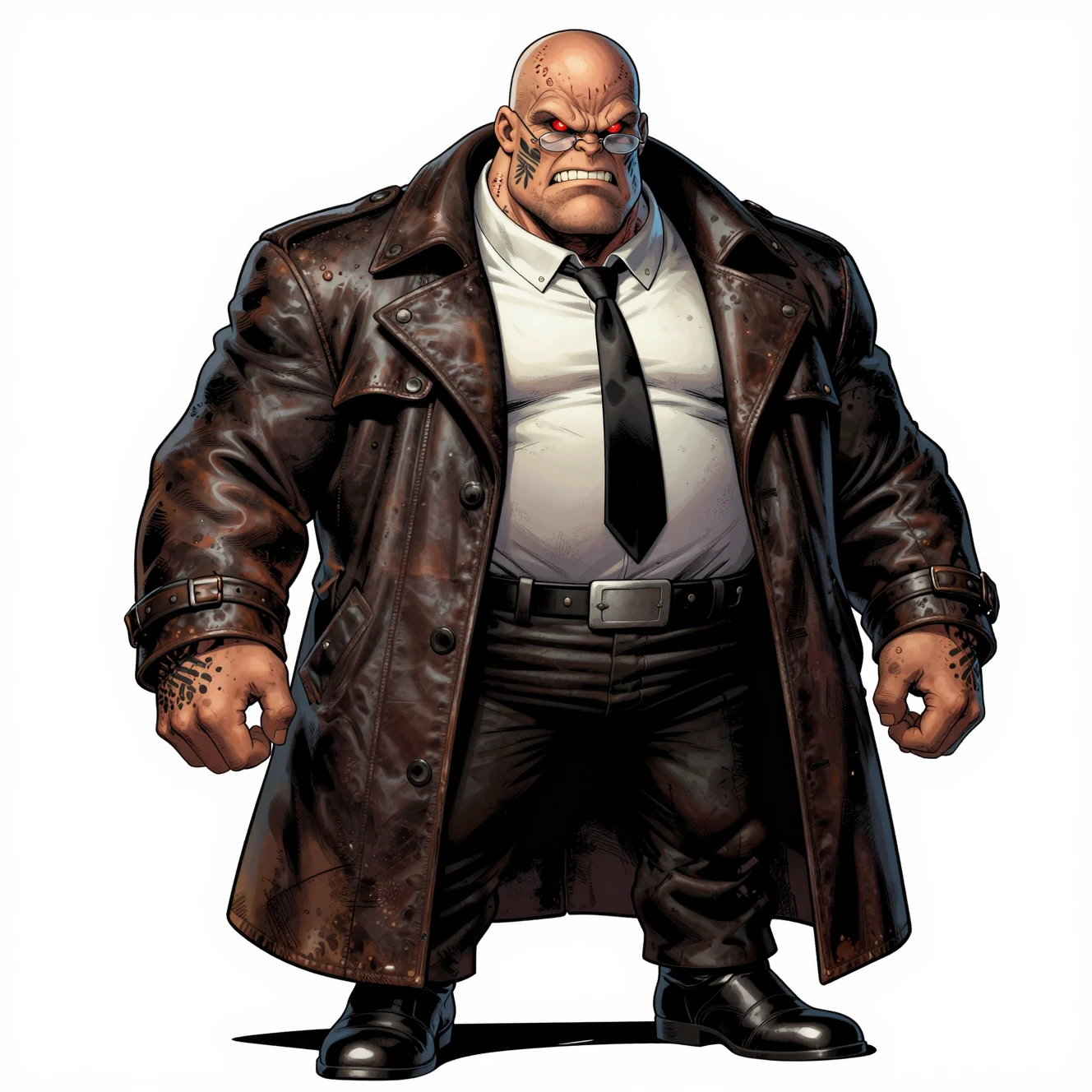 Scarred alien gangster in worn trench coat and suit