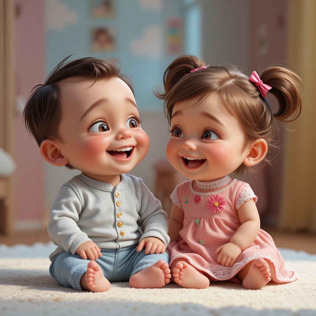 Adorables bébé garçon et fille 3D qui rient dans une chambre colorée