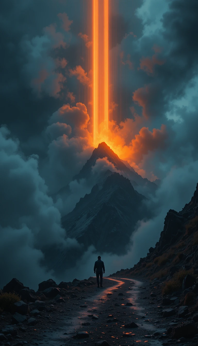 Lone traveler on a dark mountain road at night