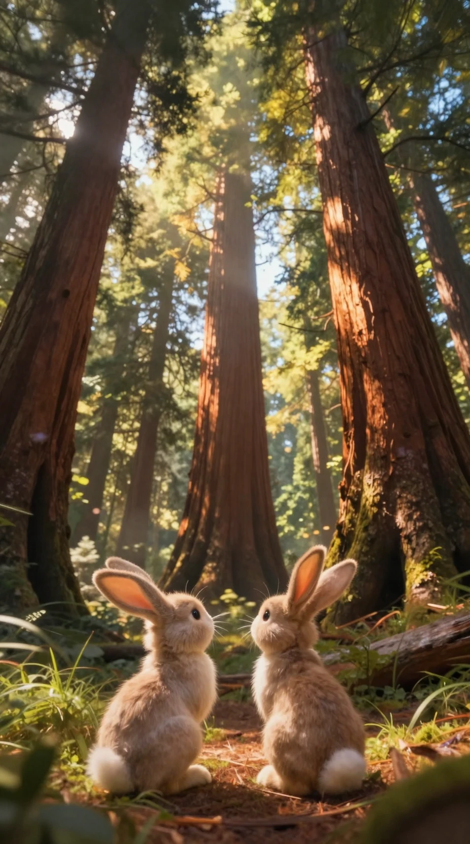 Dois coelhos olhando para uma floresta alta banhada de sol
