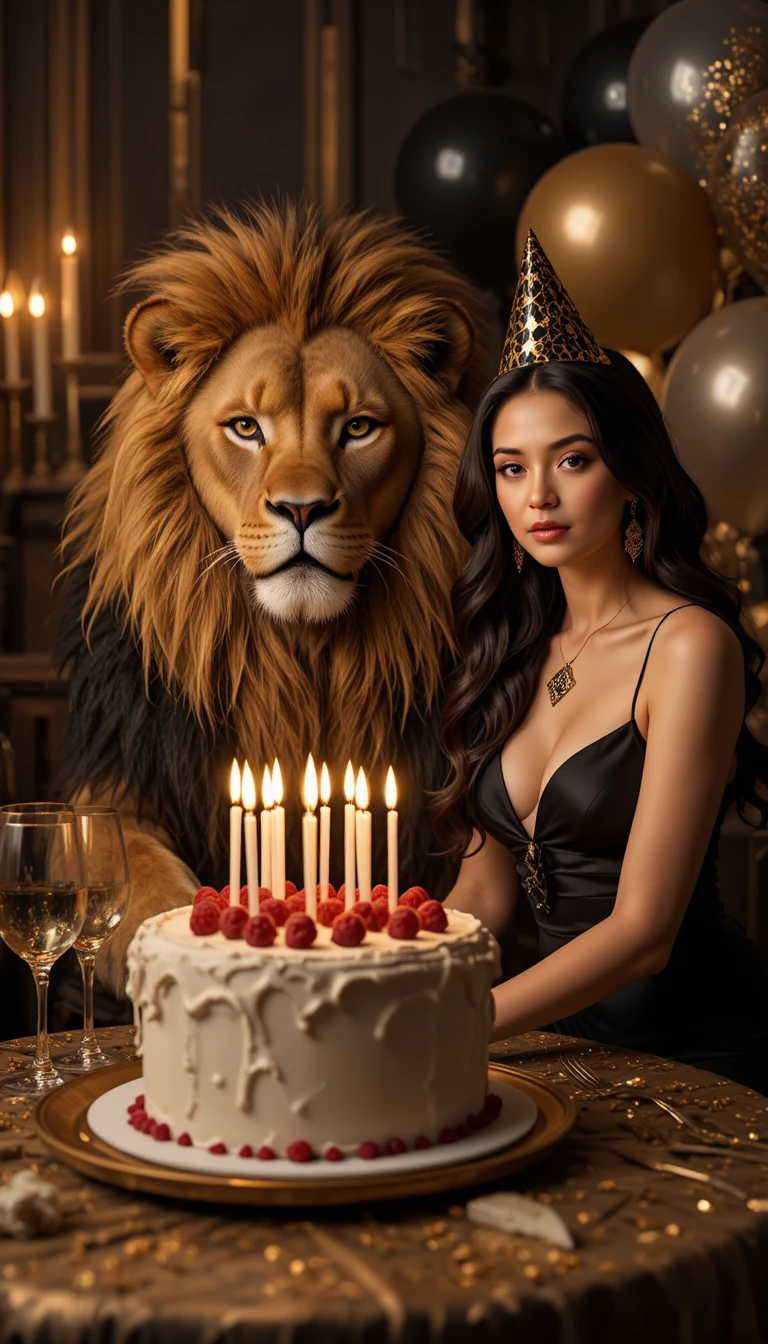 Lion and woman at a luxurious candlelit birthday table