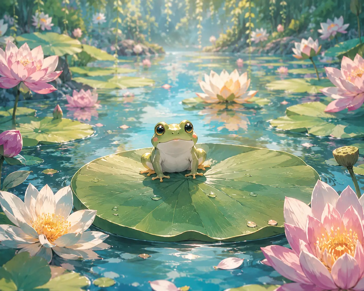 寧靜湖面上睡蓮葉上的可愛青蛙