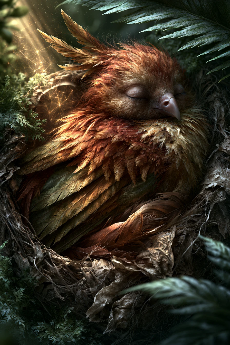 Criatura mítica alada durmiendo en un nido del bosque