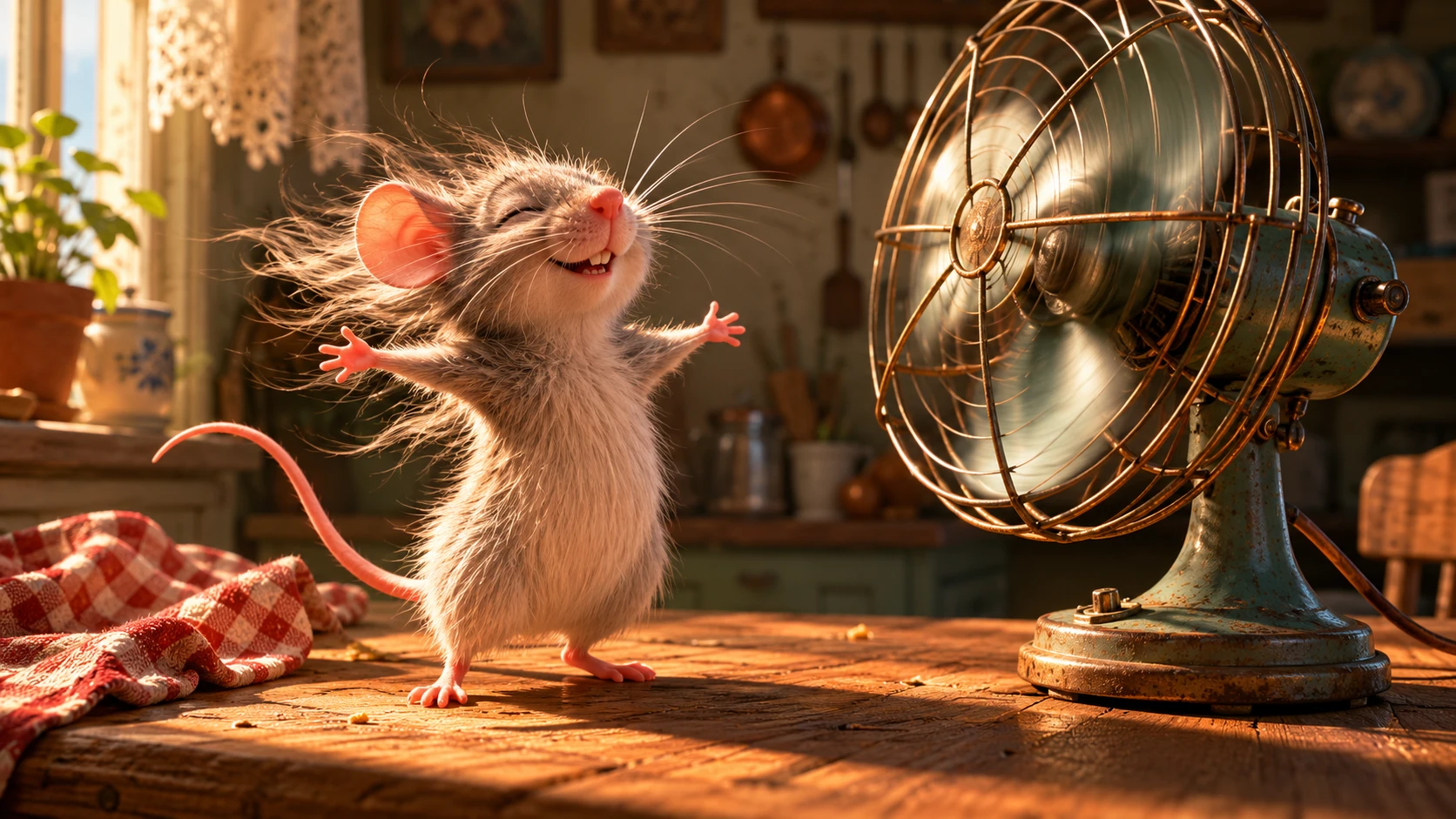 Cute mouse enjoying a fan breeze on a wooden kitchen table