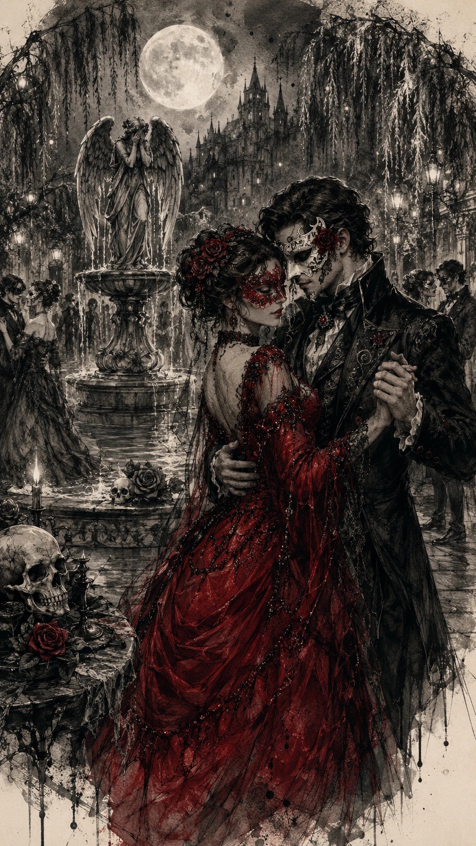 Gothic masquerade couple dancing by a weeping angel fountain
