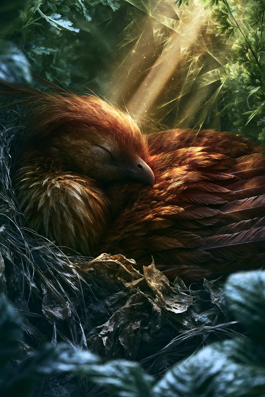 Winged fantasy creature sleeping in a forest nest