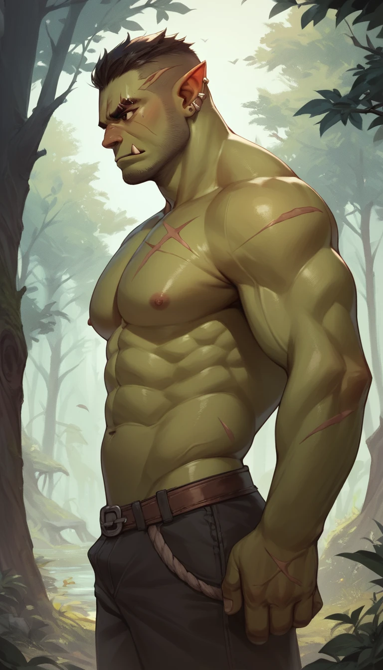 Perfil lateral de um orc musculoso em uma floresta