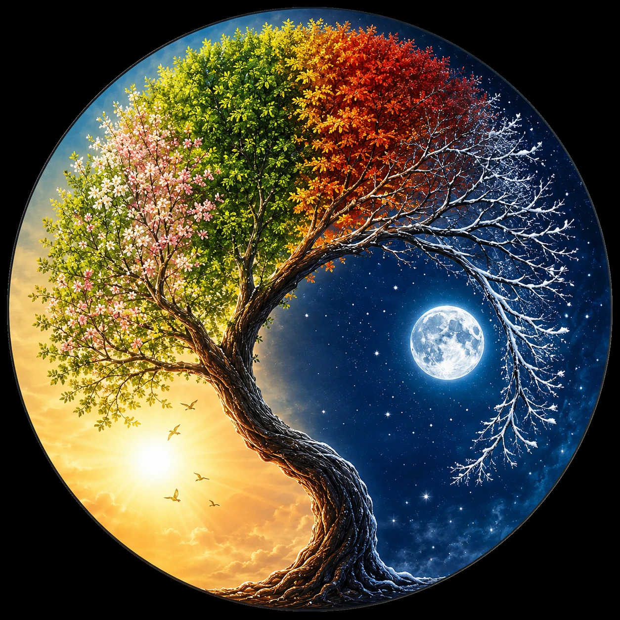 Seasons tree forming a yin yang arc on circular canvas