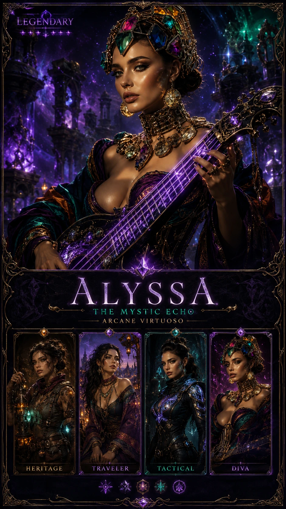 Leggendaria eroina fantasy con chitarra d’etere in un tempio in rovina
