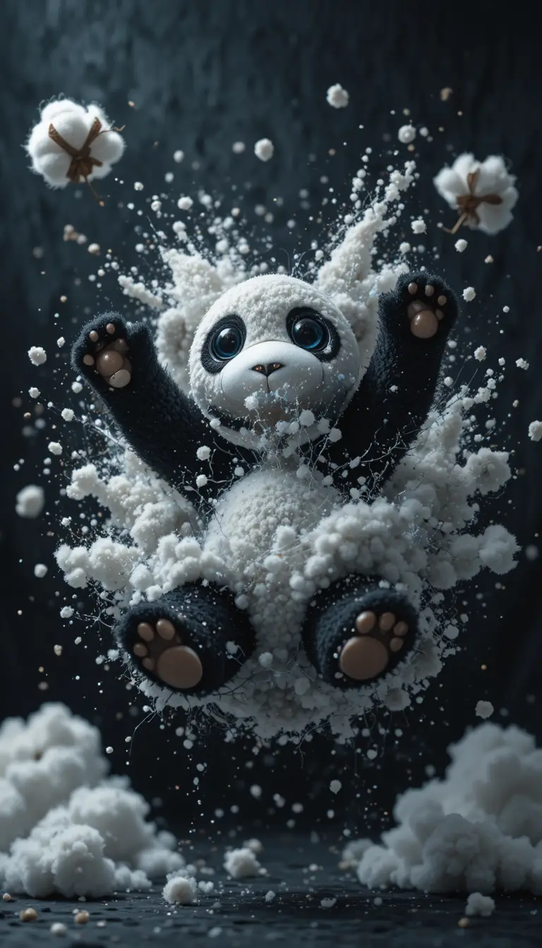 Exploding plush panda toy in dramatic studio close up