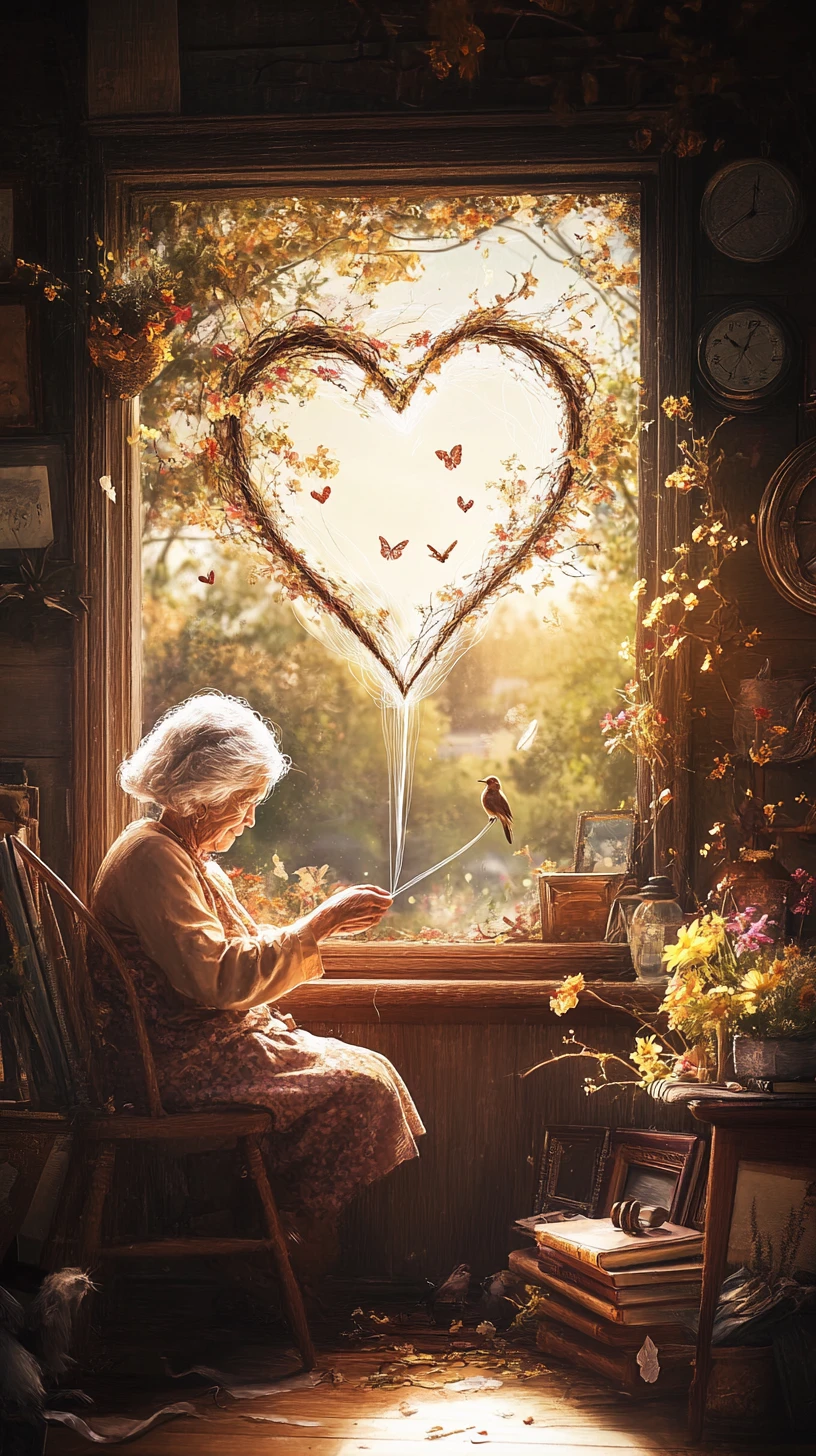 Nonna che cuce mentre un unico filo forma un grande cuore