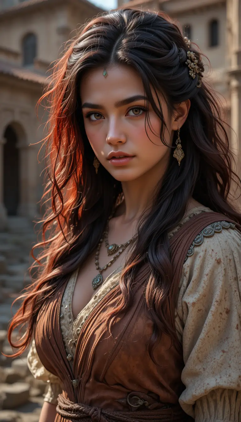 Fantasy woman in roman peasant clothes before ancient city
