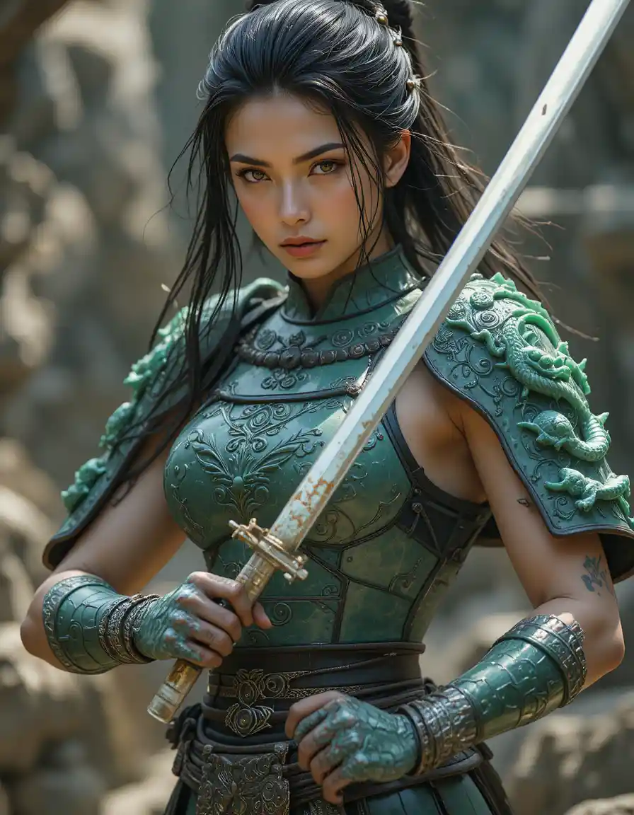 黑髮女武士穿著發光翡翠龍甲