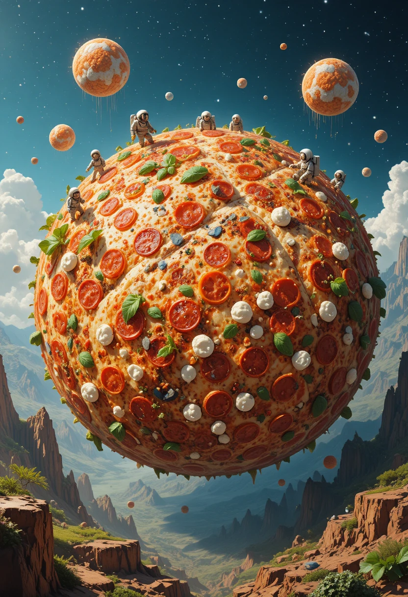 Planète pizza fantastique avec astronautes et récolte de champignons