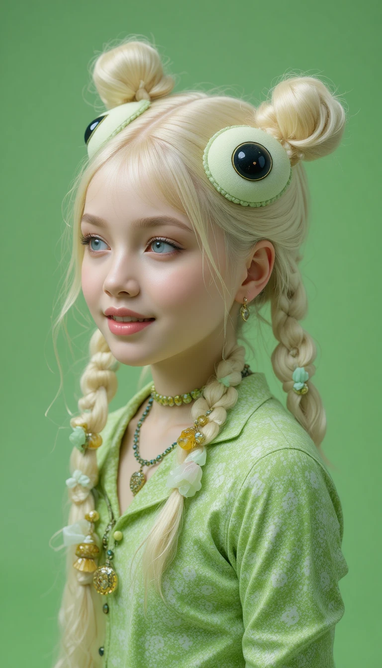 Retrato de moda divertido de uma garota em estilo sapo de pelúcia