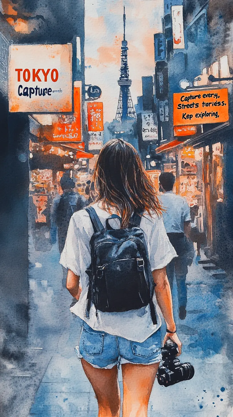 Aquarellposter einer jungen Reisenden in einer Straße in Tokio