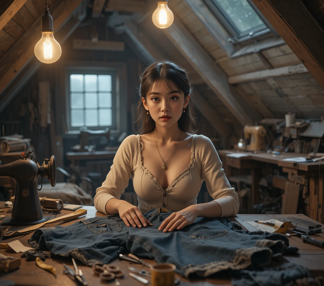 Serene young woman sewing old jeans in attic studio