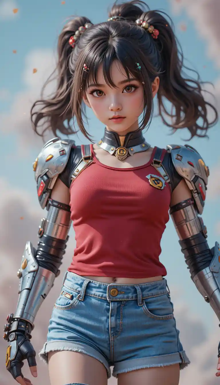 可愛鎧甲動漫少女與粉彩賽博背景