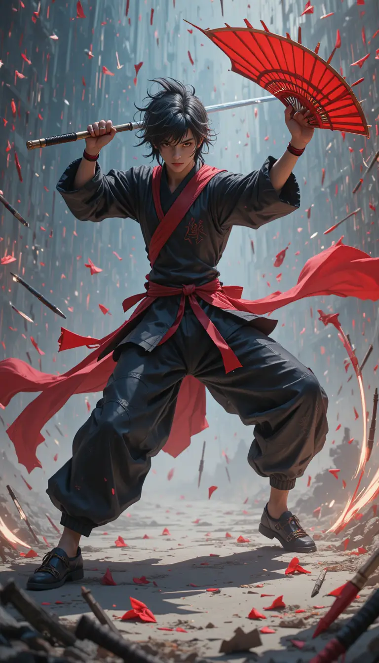 Prodige des arts martiaux en anime avec éventail de guerre et aiguilles d’aura