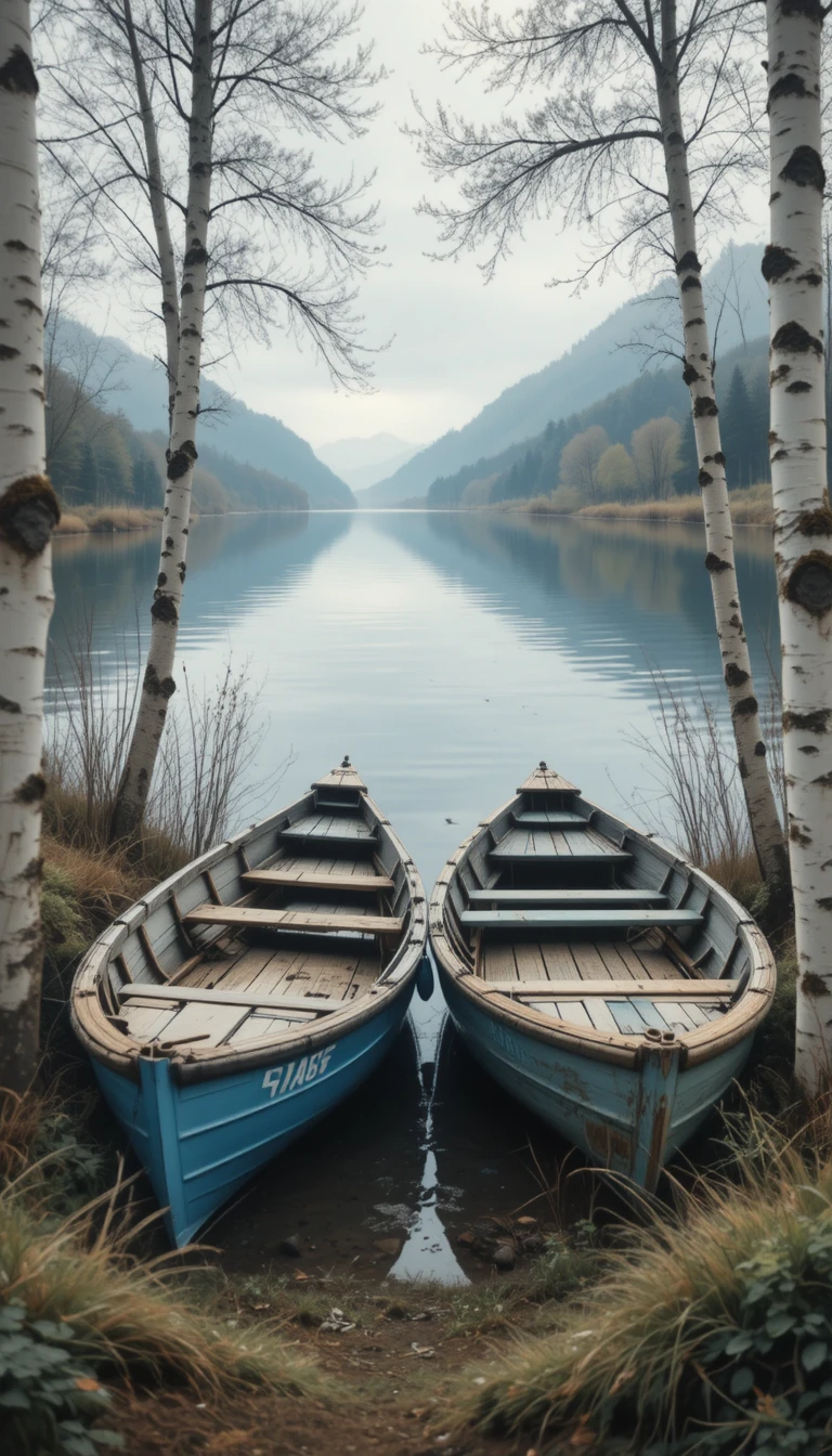 Verwitterte Holzboote, vertäut an einem ruhigen, von Birken gesäumten See