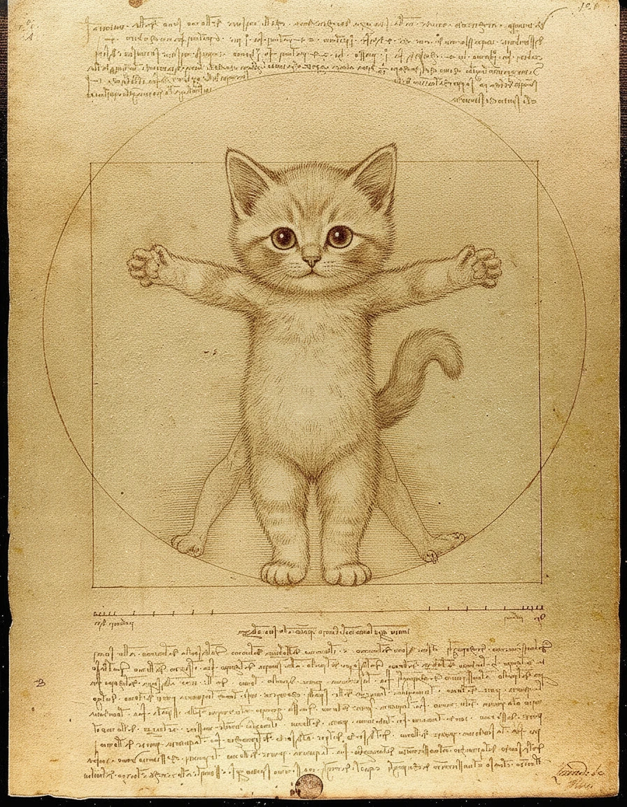 Cute kitten posed as a modern Vitruvian style figure