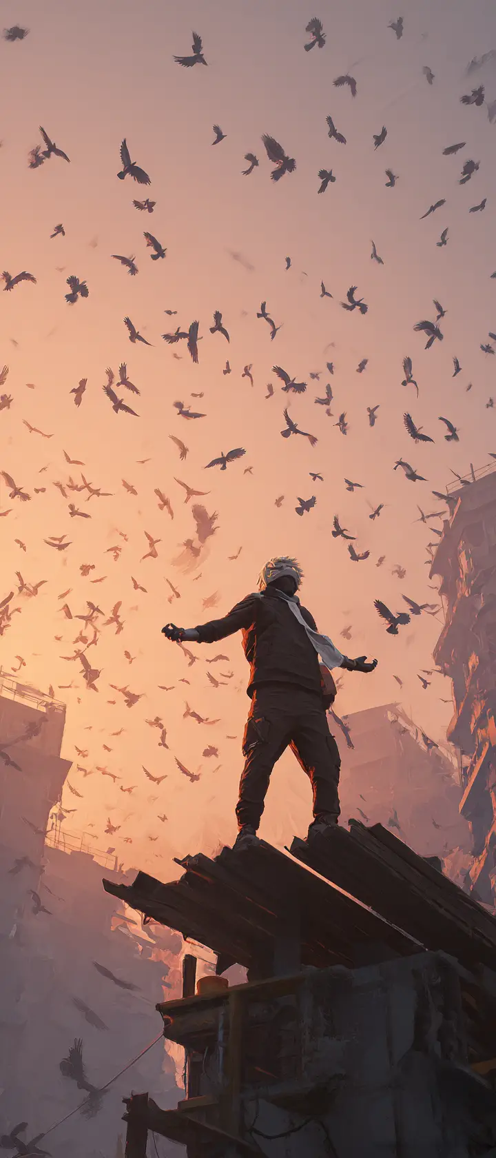 Low angle view of man raising arms on ruined rooftop