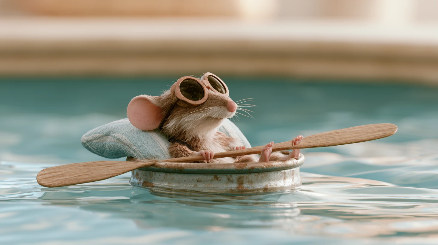 Rato relaxado navegando uma lata em uma piscina