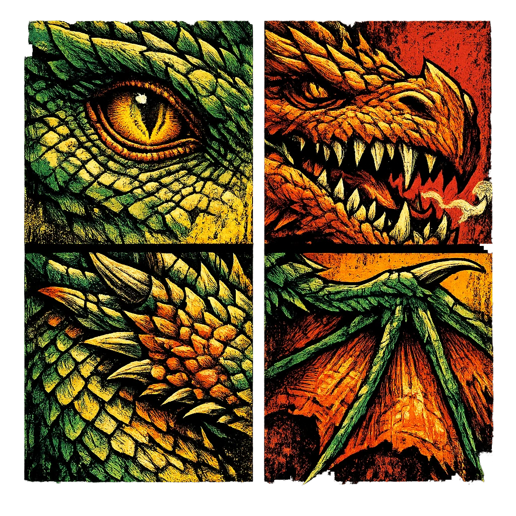 Ilustração de dragão em close-up em quatro painéis com gravura marcante