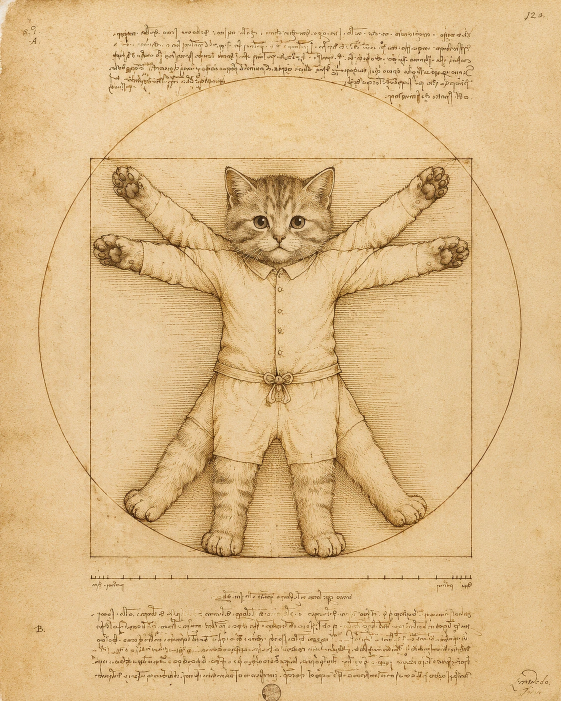 Gatinho fofo recriando a clássica figura de Vitrúvio