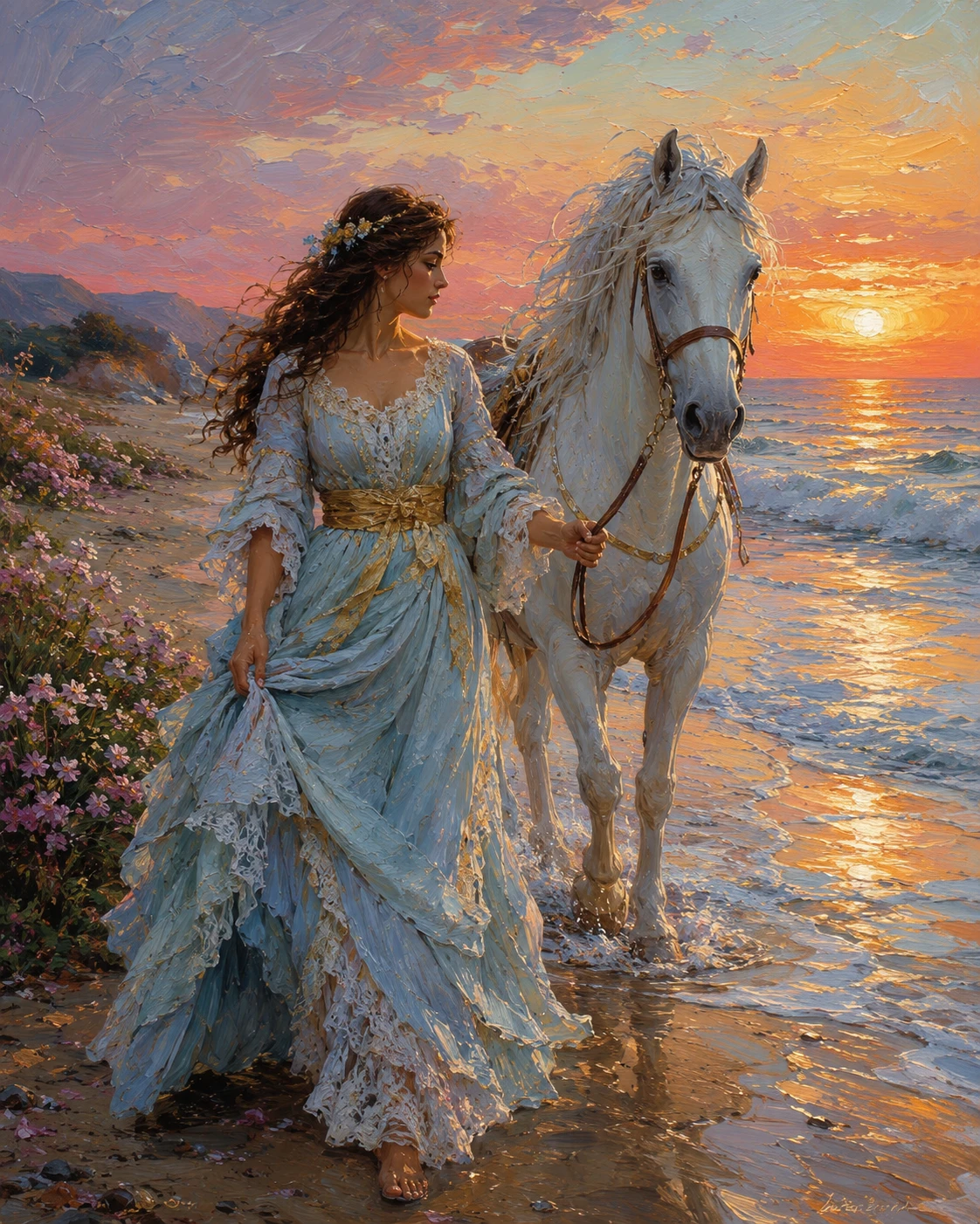Woman walking with white horse on a sunset beach