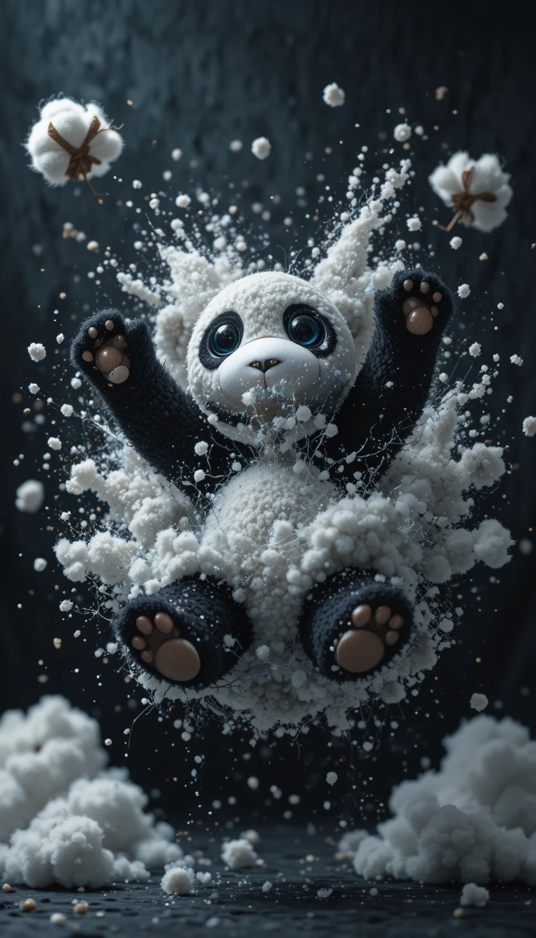 Brinquedo de panda de pelúcia explodindo em close dramático de estúdio