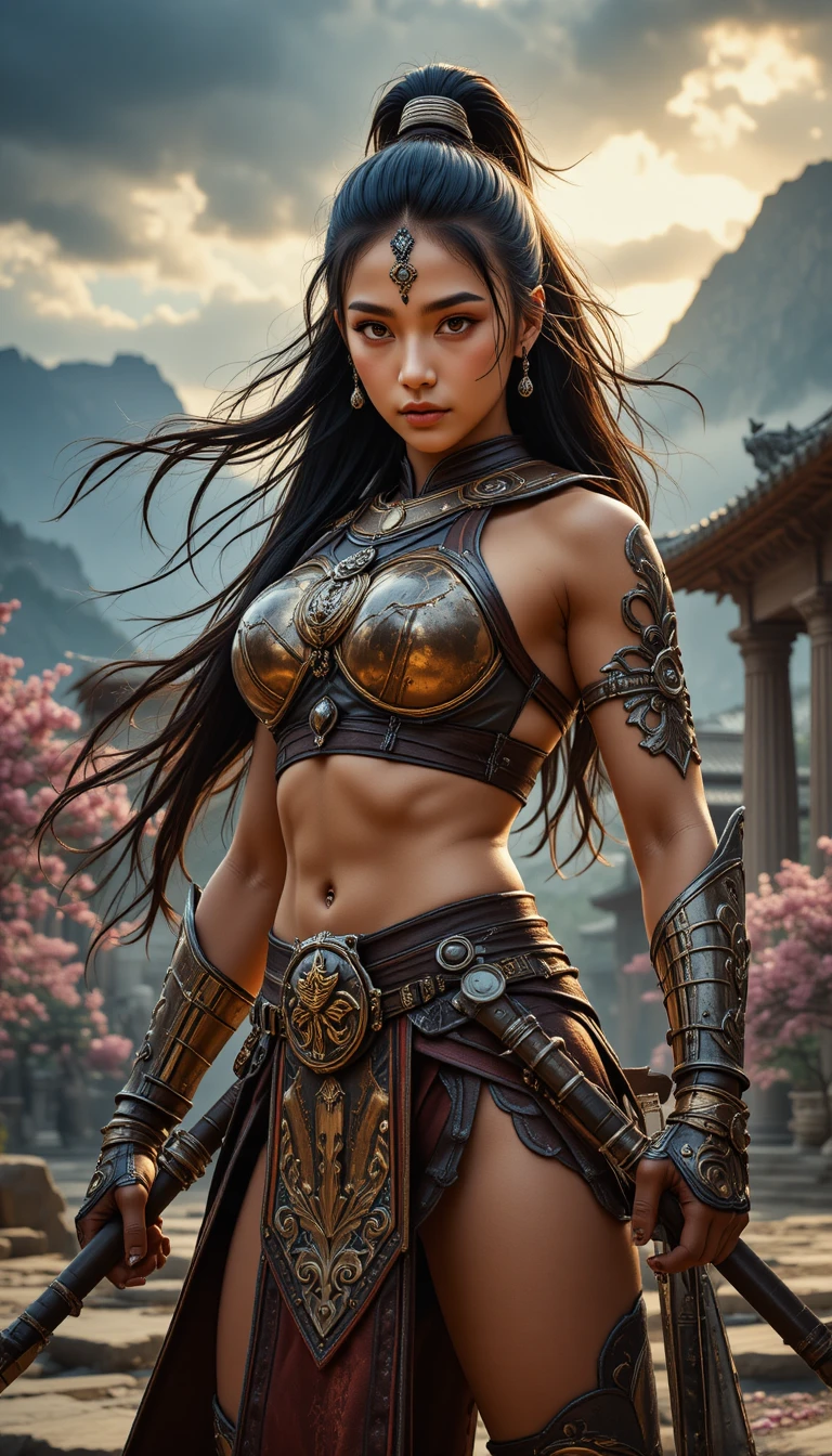 Asian amazon warrior poised in ancient temple battleground