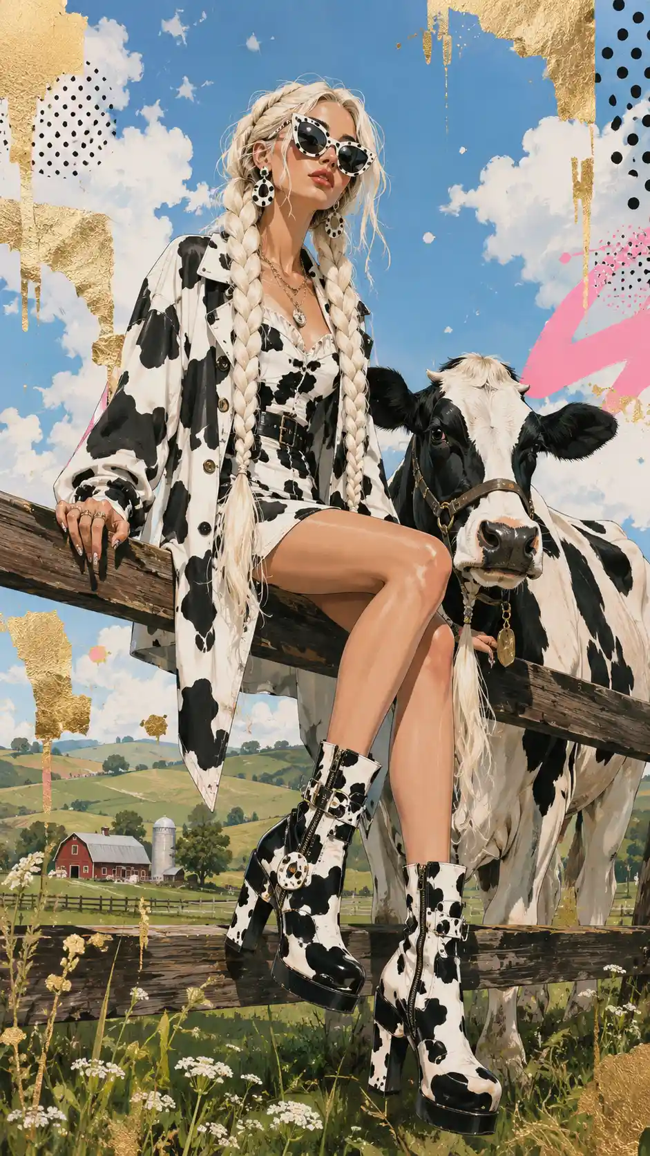 Stylish woman on fence in cow inspired pop art scene