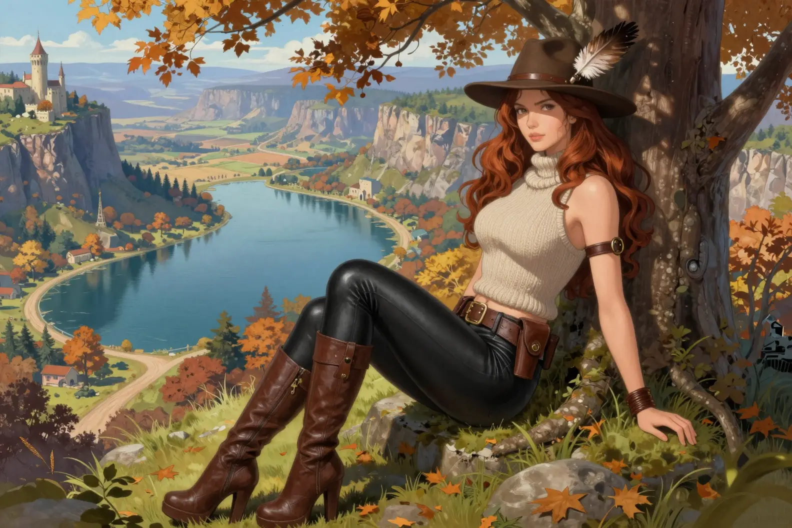 Female adventurer resting by a lake in autumn fantasy