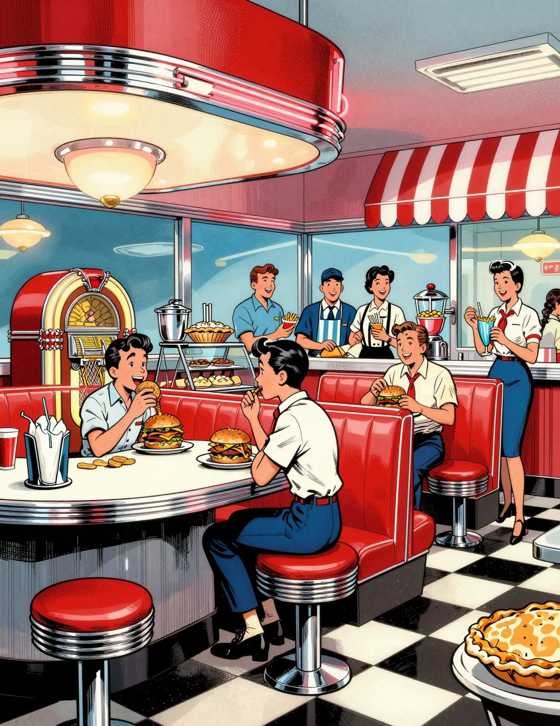 Ilustração colorida em estilo de quadrinhos dos anos 1950 de uma lanchonete movimentada