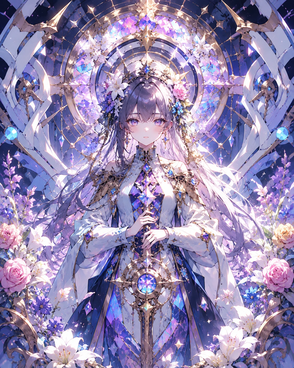 Anime sci fi floral poster with centered baroque composition