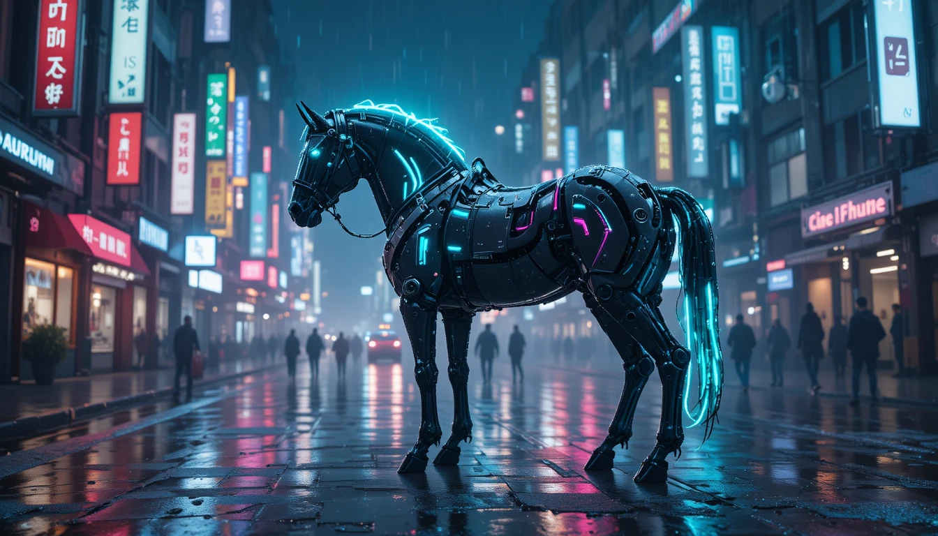 Cybernetic horse on neon soaked futuristic city street
